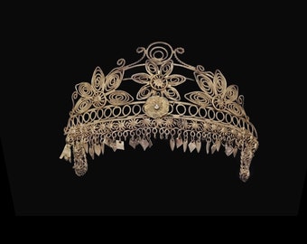 Vintage FILIGREE FLOWERS DIADEM, Ceremonial Bronze Frontal, Traditional Indonesian Headpiece, Ancient Antiquity / Egyptian Style Jewellery
