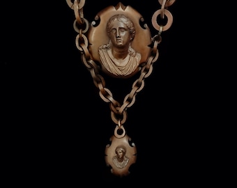 Antique Victorian Mourning Double Cameo Pendant Necklace, Rare, Vulcanite Chunky Chain, Greek Goddess, Gothic Dark Beauty, Love Keepsake