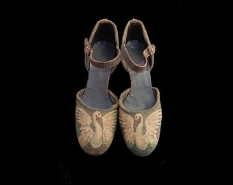 Antique Art DECO SWAN SHOES, Hand Painted Swans with Outstretched Wings, Handmade, Fairy Tale Ballet Dance Shoes, Swan Lake Poetic Beauty