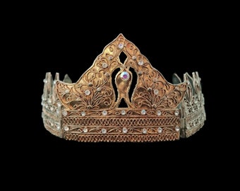 Vintage GOLD CEREMONIAL DIADEM, Brass & Diamante 'Royal' Crown, Ornate Filigree Indonesian Headdress, Ancient Antiquity / Medieval Style