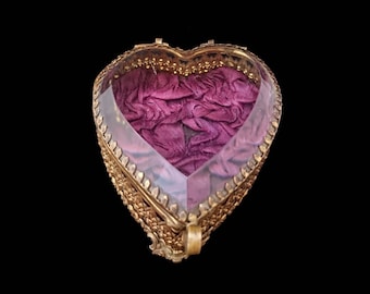 Antique HEART JEWELLERY CASKET, French Ormolu, Purple Silk & Glass Ring Display Case, Chateau Boudoir Token of Love