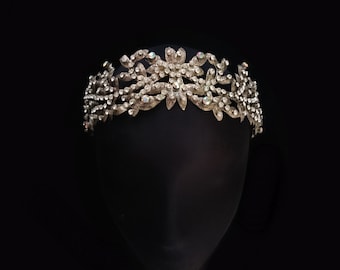 Vintage Silver, Glass Diamante & Rhinestone Bridal Crown, Elegant Filigree Flowers Wedding Headdress, Romantic Nature Theme Bridal Couture