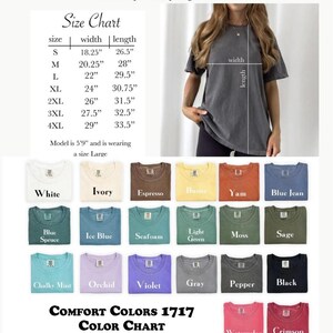 May include: A Comfort Colors 1717 garment-dyed heavyweight t-shirt shown in a size large on a model, accompanied by a size chart with width and length measurements in inches and a color chart displaying twenty-one distinct fabric color options.
