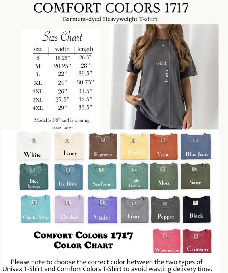 May include: A Comfort Colors 1717 garment-dyed heavyweight t-shirt shown in a size large on a model, accompanied by a size chart with width and length measurements in inches and a color chart displaying twenty-one distinct fabric color options.