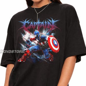 キャプテン・アメリカのグラフィックTシャツ、ヴィンテージスタイルのコミックアパレル、レトロストリートウェアTシャツ 画像 1