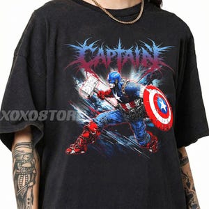 キャプテン・アメリカのグラフィックTシャツ、ヴィンテージスタイルのコミックアパレル、レトロストリートウェアTシャツ 画像 4
