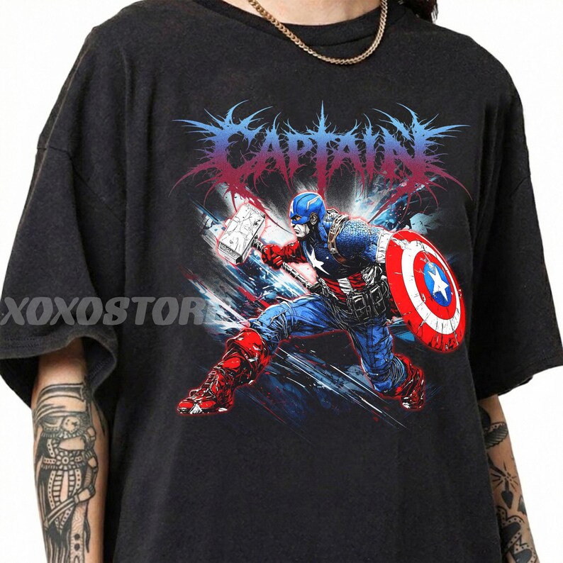 キャプテン・アメリカのグラフィックTシャツ、ヴィンテージスタイルのコミックアパレル、レトロストリートウェアTシャツ 画像 4