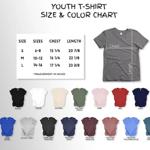 May include: A youth t-shirt size and color chart featuring a table with measurements in inches for sizes S, M, and L. The chart includes a grey t-shirt diagram with chest and length lines, followed by a grid of fifteen t-shirts in various colors.