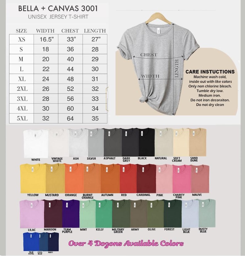 May include: A Bella + Canvas 3001 unisex jersey t-shirt size chart with width, chest, and length measurements in inches. Includes a grey t-shirt visual, care instructions, and a color palette showing over 48 available solid color options.