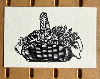 lavender basket lino print