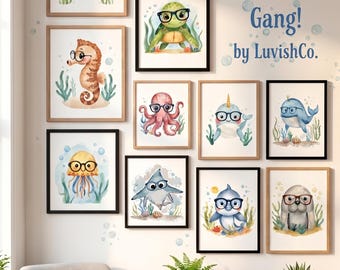 Ocean Nursery Wall Art | Set of 15 Under the Sea Animal Prints | Kids Bathroom Decor | Digital Download