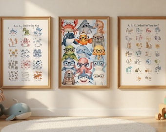 Educational Nursery Wall Art Bundle | Ocean and Safari Printable Gallery Set | ABC 123 Kids Room Decor | Digital Download