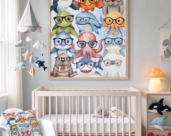 Ocean Nursery Wall Art Print | Watercolor Sea Creatures Collage | Under the Sea Baby Room Decor | Digital Download
