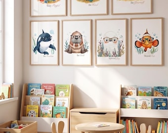 Ocean Nursery Affirmation Prints | Set of 15 Under the Sea Animal Posters | Positive Kids Wall Art | Digital Download