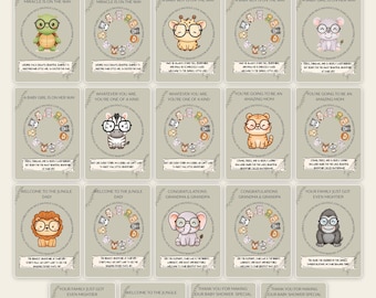 Baby Shower Card Bundle | 19 Printable Card Designs | Pregnancy New Mom Dad Grandparents Thank You | Jungle Animals | Digital Download