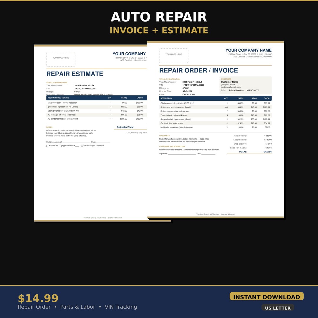 Auto Repair Invoice & Estimate Template | Mechanic Shop Forms, Repair ...