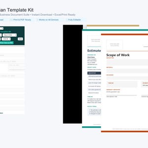 Peut inclure: Un kit de modèles pour électricien comprenant une suite de documents professionnels. L'image présente une interface numérique pour la création de factures et plusieurs mises en page de documents, dont un devis et un formulaire de portée des travaux avec des champs pour les détails de l'entreprise, les descriptions de projet, les matériaux, les exclusions, les délais et les échéanciers de paiement.