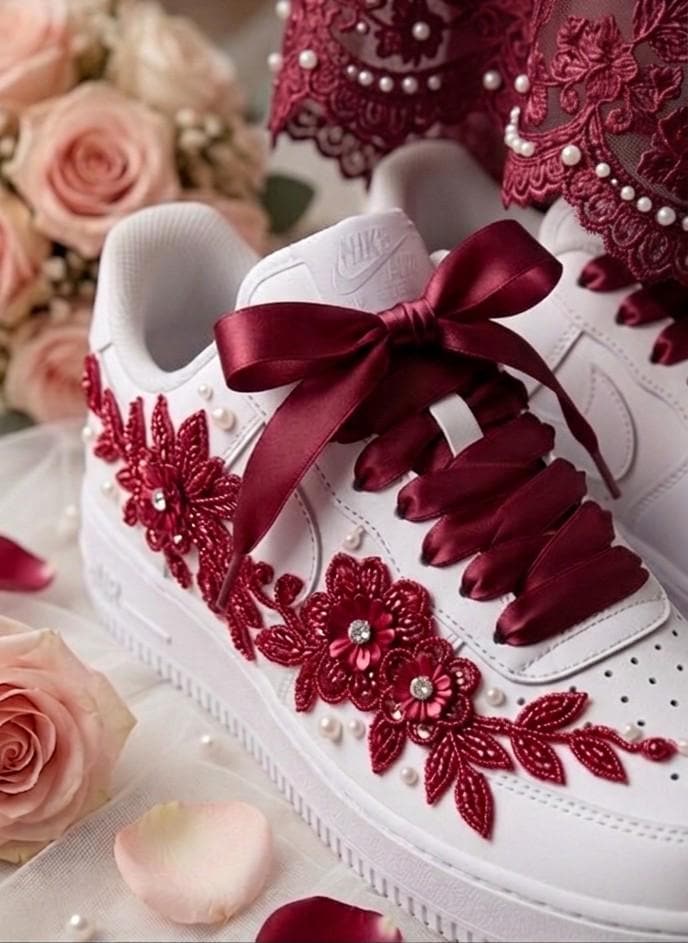 Bridal sneakers Custom Burgundy Air Force 1, Personalized Pearl Wedding Shoes, Floral Lace Bride Sneakers, Bridesmaid Gift, White AF1