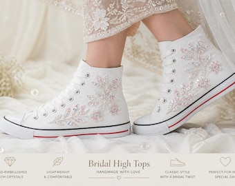 Handmade Bridal Sneakers High Top, Embroidered Wedding Shoes, Custom Bride Sneakers with Ribbon Lace, White Crystal Bridal Shoes,Comfortable