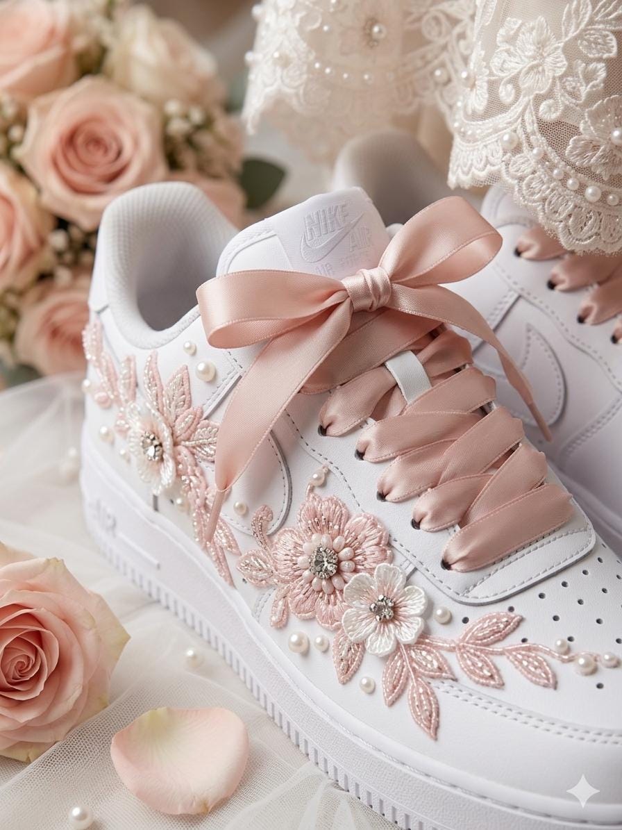 Bridal sneakers Custom Bridal Air Force 1 Sneakers, Personalized Pearl Wedding Shoes, Floral Lace Bride Sneakers, Bridesmaid Gift, White AF1