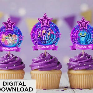 May include: Three cupcakes with purple frosting and decorative toppers. Each topper features a star with the number 9, a circular design with characters, and a banner that reads "SAMANTHA". The words "DIGITAL DOWNLOAD" are at the bottom.