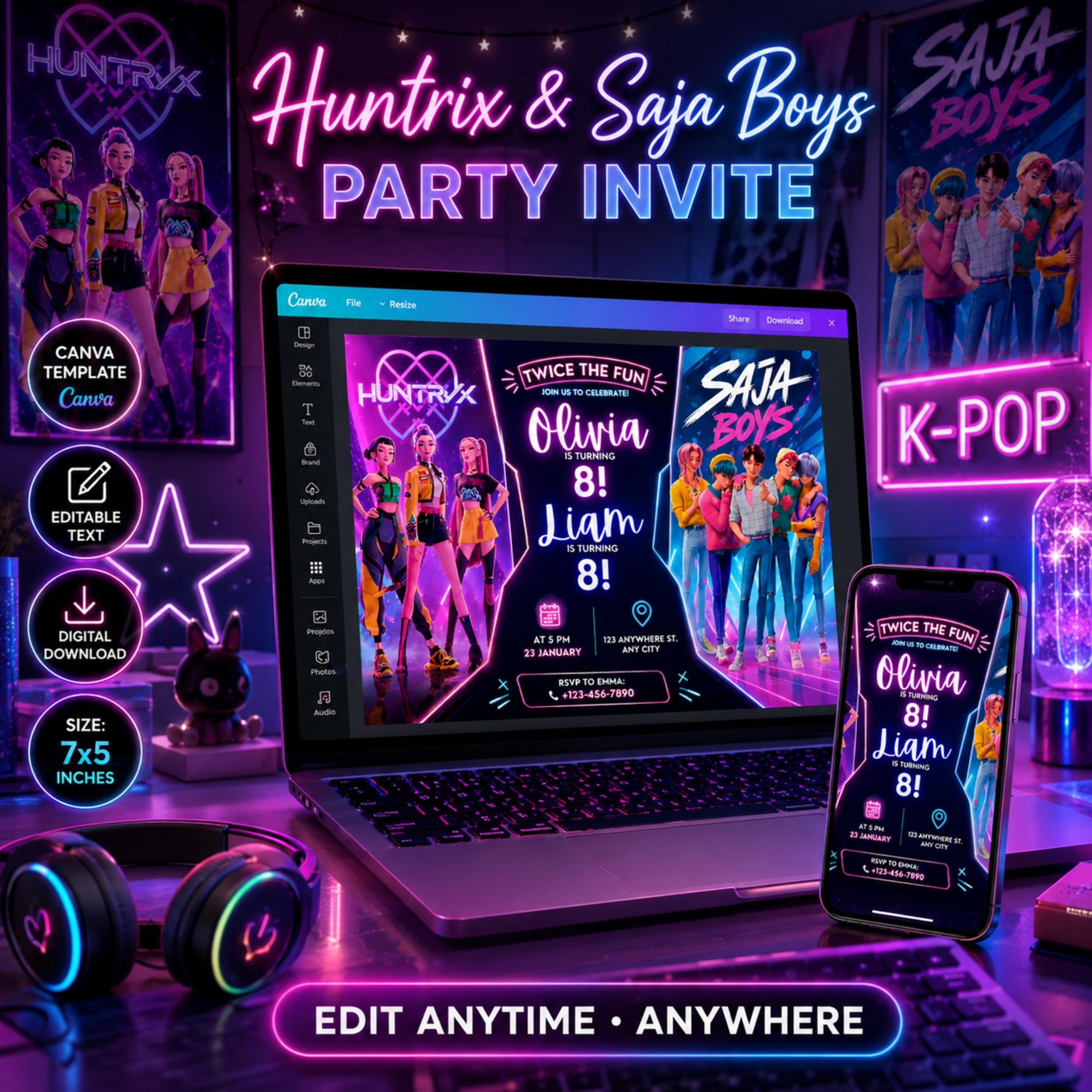 Kpop Demon Hunter Birthday Invitation, Huntrix & Saja Boys Invite, Kpop ...