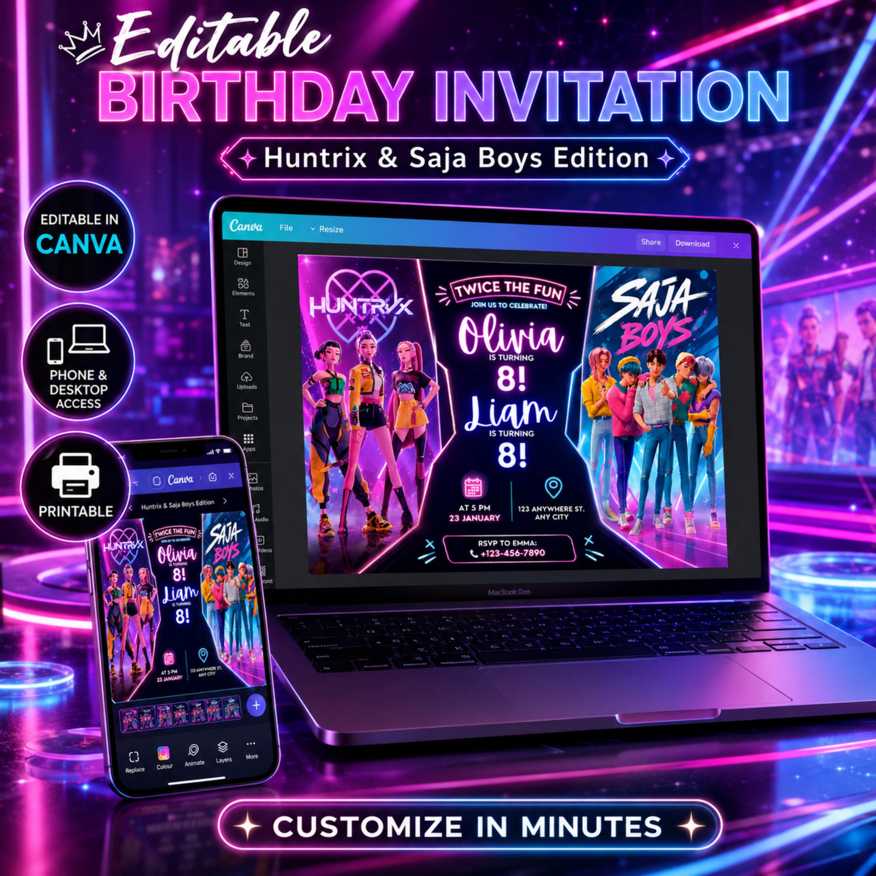 Kpop Demon Hunter Birthday Invitation, Huntrix & Saja Boys Invite, Kpop ...