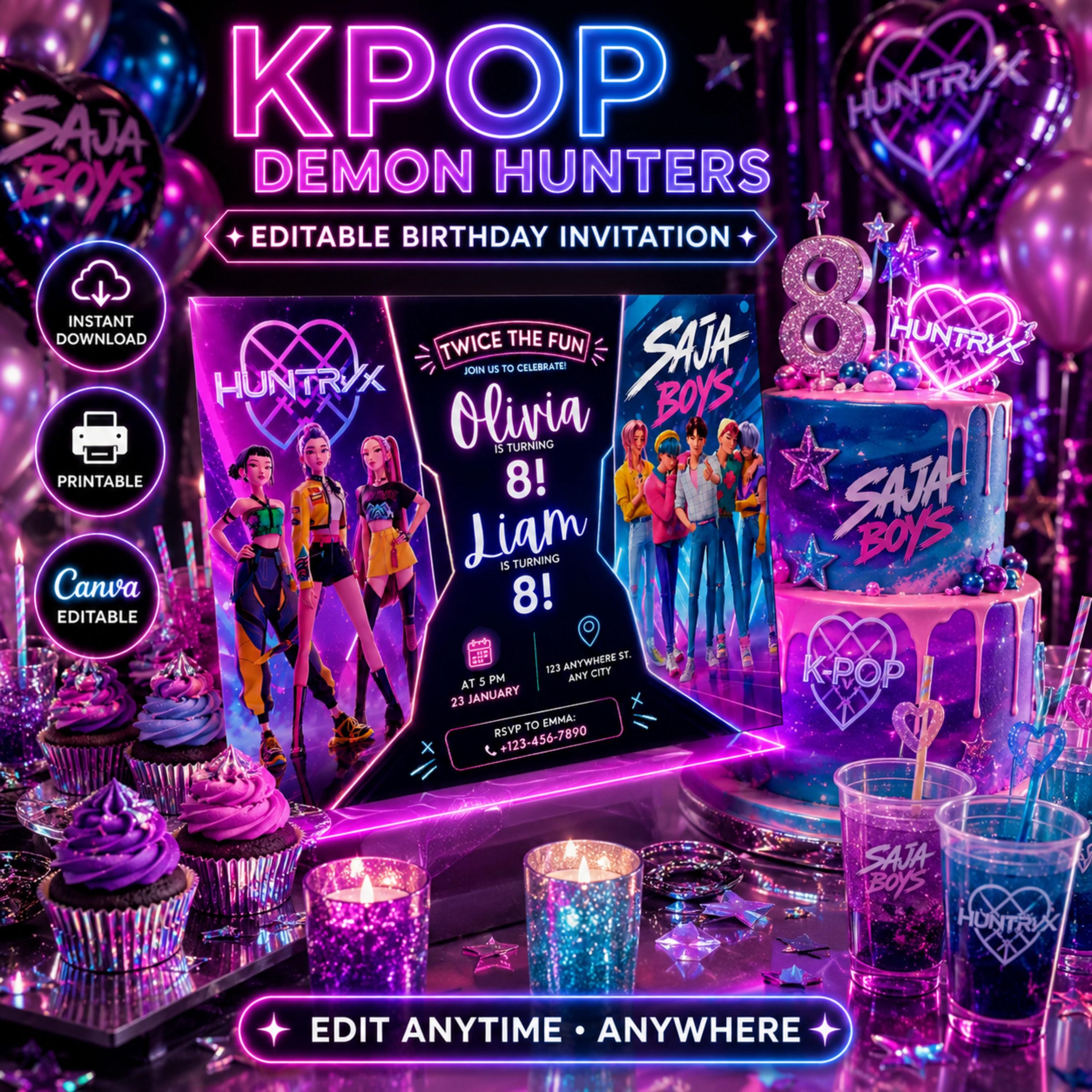 Kpop Demon Hunter Birthday Invitation, Huntrix & Saja Boys Invite, Kpop ...