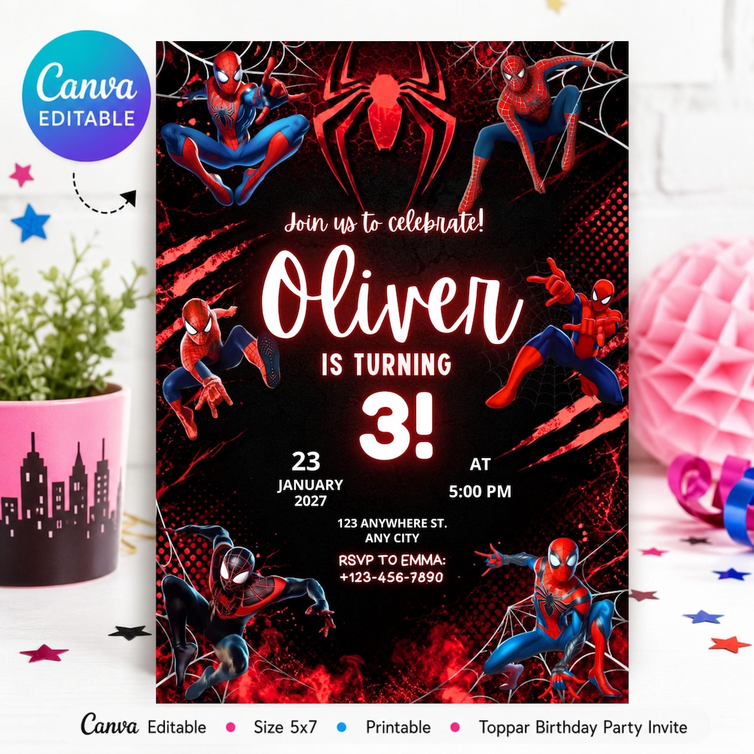 Spider Man Birthday Invitation Editable Spider Man Superhero Party Invite Boys, Spidey Can