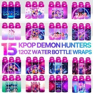 May include: A collection of fifteen 12oz water bottles with various K-Pop themed designs. The bottles are pink with colorful graphics featuring band members and text. The text "KPOP DEMON HUNTERS" is also visible.