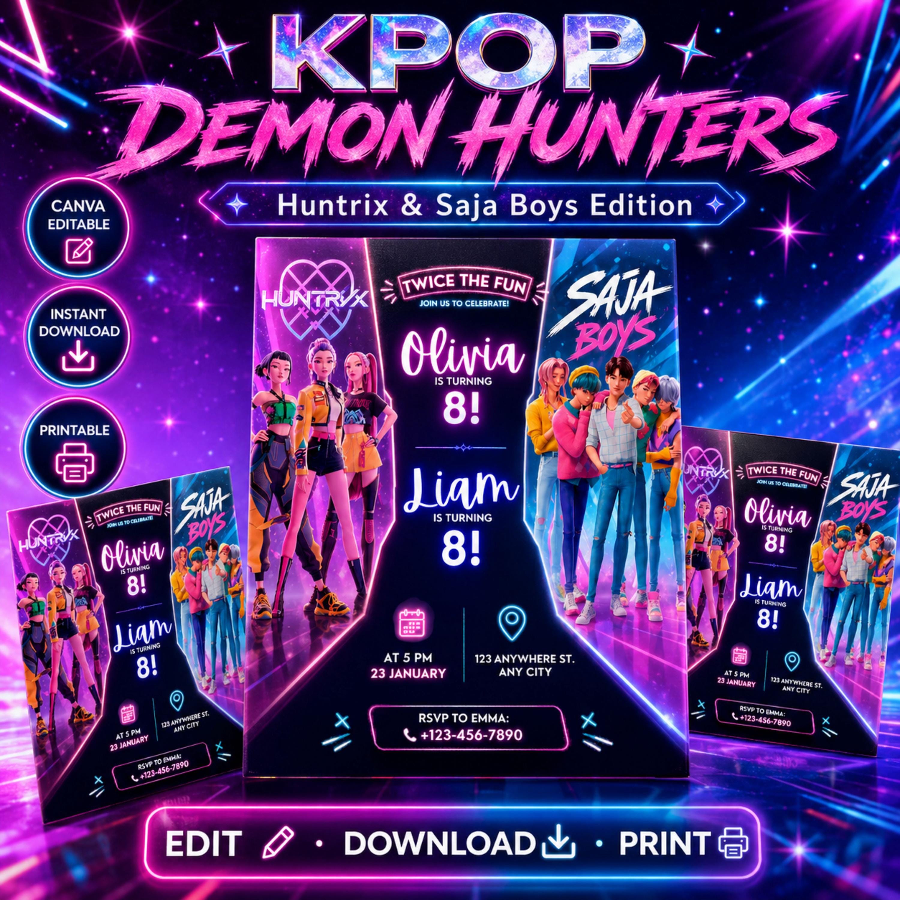 Kpop Demon Hunter Birthday Invitation, Huntrix & Saja Boys Invite, Kpop ...