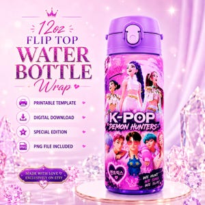 May include: A 12oz flip top water bottle featuring a K-Pop Demon Hunters graphic wrap. The design includes anime-style characters, the text K-POP DEMON HUNTERS, and a small blue creature. The bottle has a purple lid and a vibrant pink and purple color scheme.