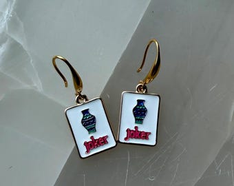 Mahjong Joker Tile Dangle Gold Earrings
