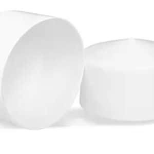 May include: Two white cylindrical end caps with a smooth, matte finish. One cap is positioned vertically, showing its hollow interior, while the other cap is placed horizontally next to it, displaying its solid, flat top surface and rounded edges.