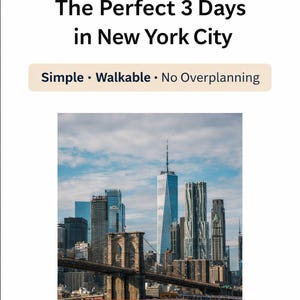 Op de afbeelding: Afbeelding van de skyline van New York City met de Brooklyn Bridge op de voorgrond. De afbeelding bevat de tekst "CityMapMate" en "The Perfect 3 Days in New York City". Een rode banner leest "Relaxed 3-Day Itinerary".