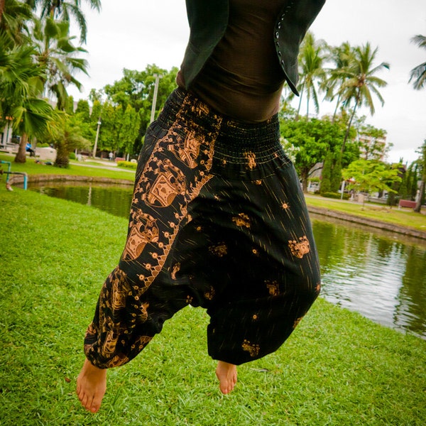 Thai Harem Pants in Cotton, Batik, Black w Ochre Elephant Design (S-XL) one size fits all