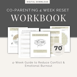Peut inclure: Téléchargement numérique d'un cahier d'exercices de coparentalité. La couverture présente le titre "Co-Parenting 4 Week Reset Workbook" et un graphique de lignes entrelacées. Le cahier comprend plus de 70 pages et un guide de 4 semaines.