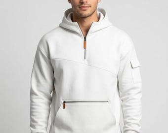 unisex Weißer Hoodie Halber Reißverschluss Streetwear Pullover