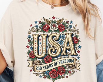 USA 250 Years Freedom Floral Shirt, Patriotic Vintage American Anniversary Tee, Comfort Colors