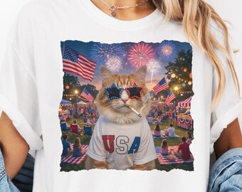Funny Patriotic Cat Shirt, USA Cat Fourth Of July Tee, Fireworks American Flag Kitten Shirt, Independence Day Cat Lover Gift