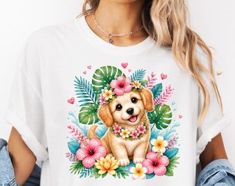 Comfort Colors Golden Retriever Puppy Floral Shirt, Tropical Dog Hawaiian Graphic Tee