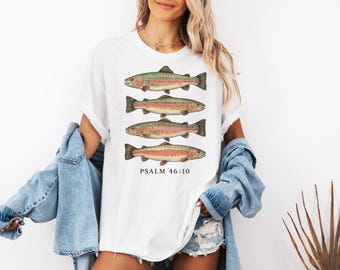Comfort Colors Psalm 46:10 Trout Shirt, Watercolor Rainbow Fish Tee