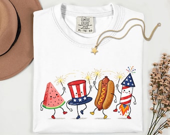 Patriotic Watermelon Hot Dog Firework Shirt, Fourth of July Celebration Tee Comfort Colors