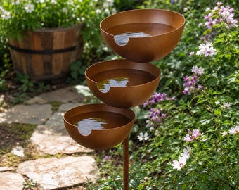 3 Tier Rain Catcher Bird Bath, Rusty Metal Garden Stake, Outdoor Bird Water Feeder, Bee Drinking Station, Yard Decor