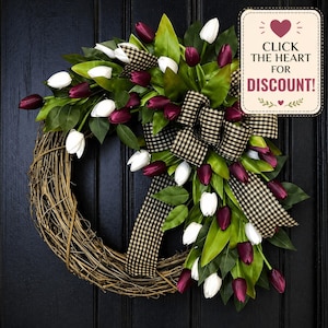 Spring Summer Tulip Wreath for Front Door, Purple White Floral Wreath, Farmhouse Door Decor, Artificial Flower Wreath