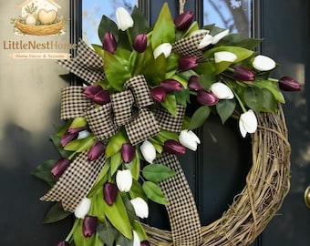 Spring Tulip Wreath Front Door Decor Artificial Flower Wreath Easter Wreath Floral Door Hanging Home Decor