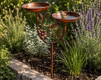 Paletto da giardino in metallo per abbeveratoio per uccelli, mangiatoia a doppia ciotola, ciotola per abbeverare uccelli selvatici da esterno, idea regalo per la decorazione del giardino.