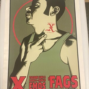 May include: A concert poster for The Fags, a band with the tagline "New Disciples". The poster features a red X with the text "We're Desperate, Get Used To It" and a green and black illustration of a person pointing to their neck.