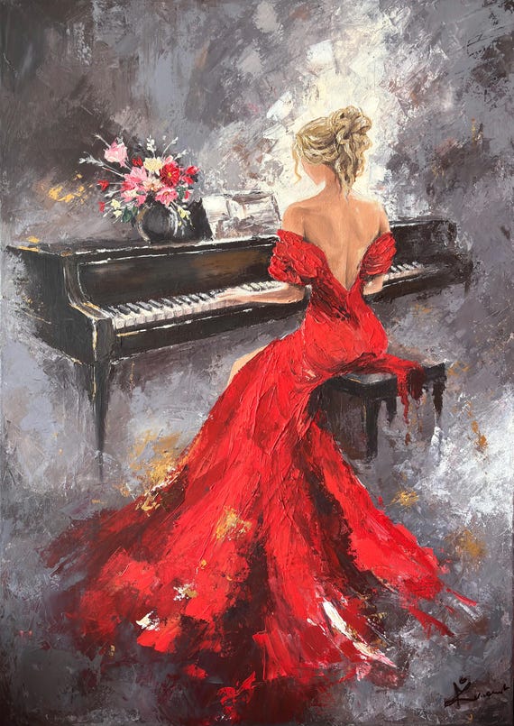 lady in red dress playing piano Emotional Piano Performance by Lady in Red Dress
