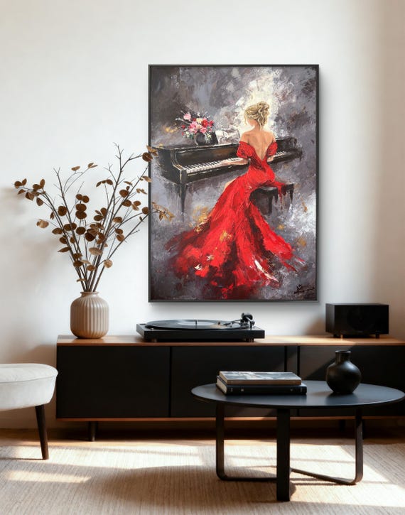 lady in red dress playing piano painting Woman Art, Elegant Romantic Wall Decor (Digital Download) Vintage Wedding Dresses Online